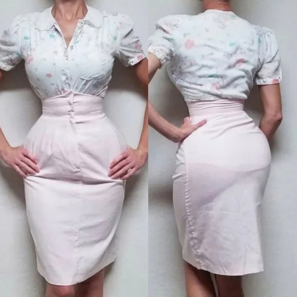 Vintage 60s JR Bentley Pin-up Pastel Pink High Rise Pencil Skirt Floral Top Set